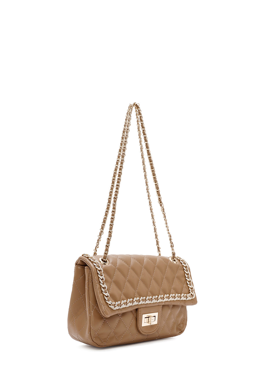 Women's Beige Long Strap Quilted Patterned Shoulder Bag