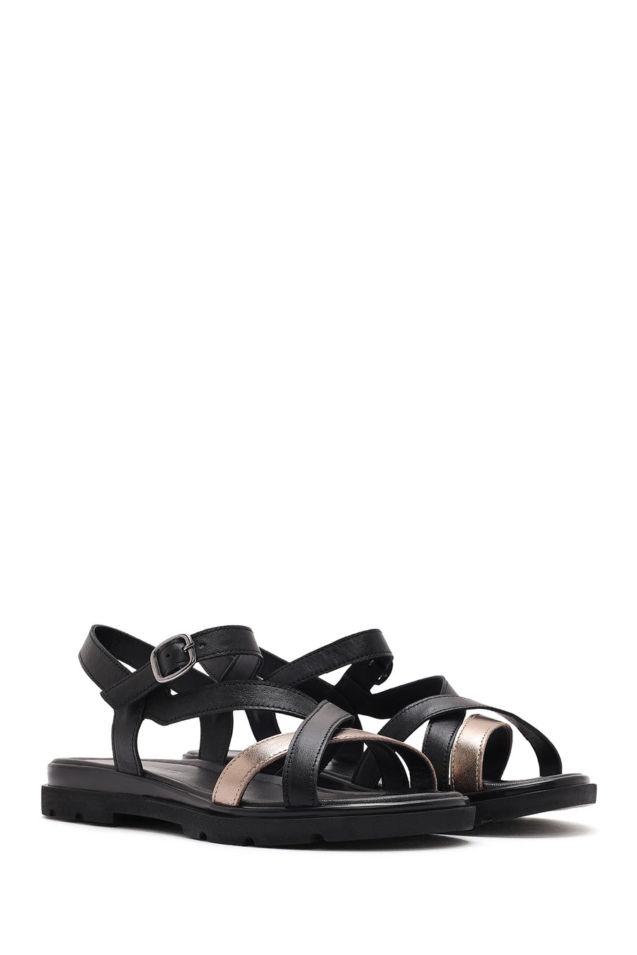 Women's Black Leather Ankle Buckle Sandals