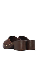 Women's Brown Patterned Short Chunky Heel Leather Slippers | Derimod