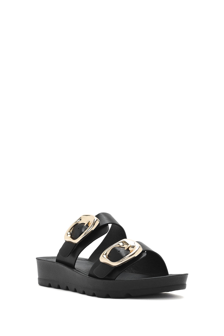 Women's Black Double Buckle Thick Soled Slippers