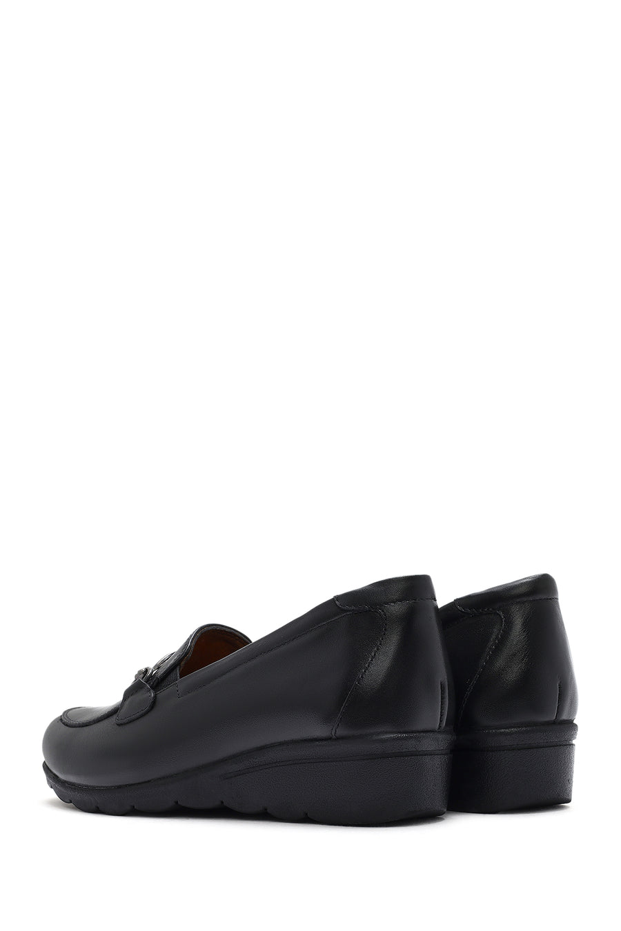 Women's Black Wedge Heel Buckled Leather Comfort Shoes