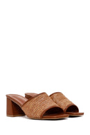 Women's Tan Thick Short Heeled Straw Slippers | Derimod