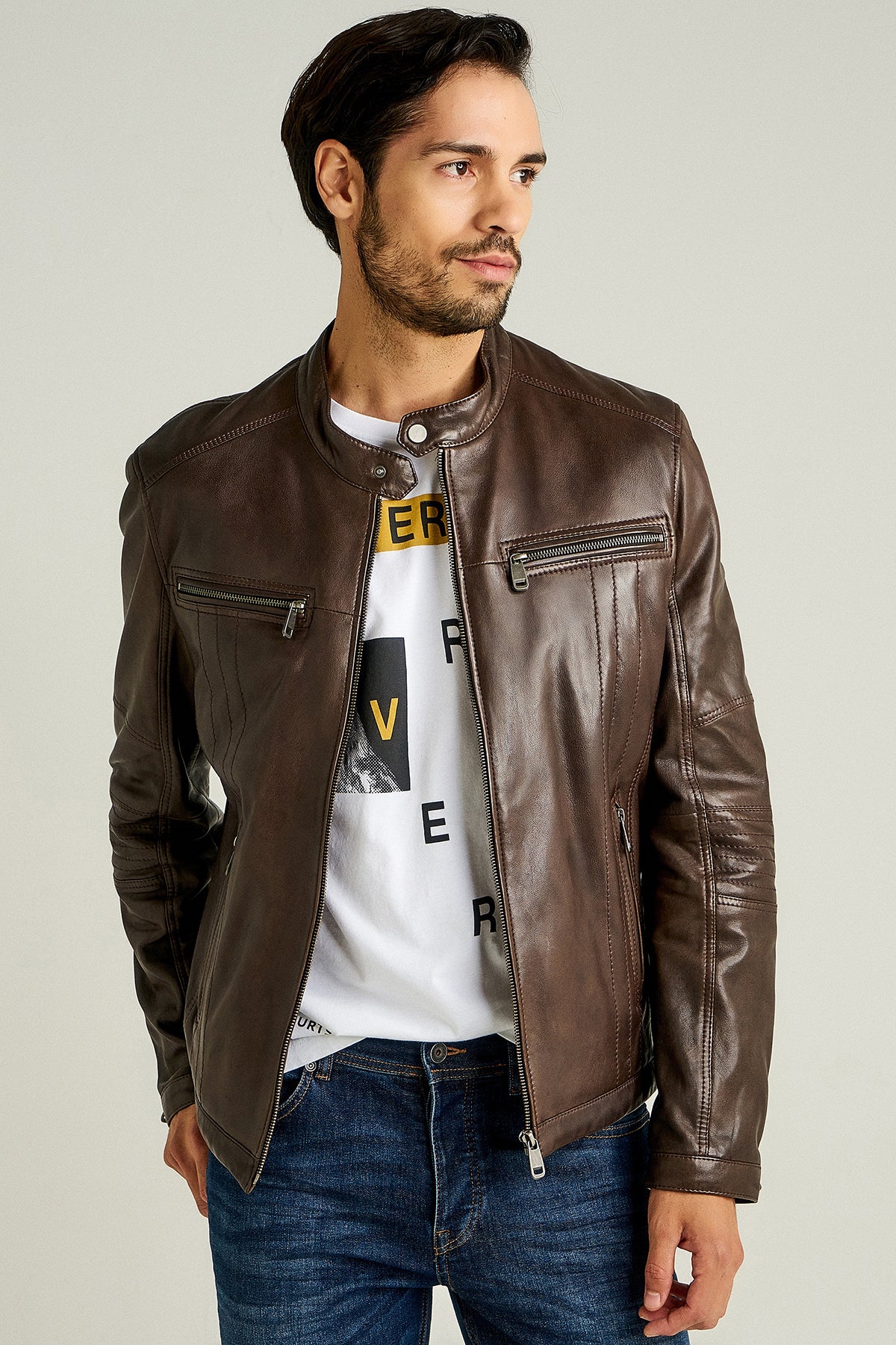 Demar Men's Brown Slim-Fit Leather Jacket 18WGD6305M5 | Derimod