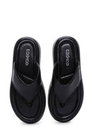 Women's Black Flip-Flop Leather Comfort Slippers | Derimod