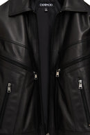 Vanessa Women's Black Shirt Collar Short Oversize Leather Jacket | Derimod