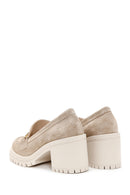 Women's Beige Suede Leather Heeled Loafer | Derimod