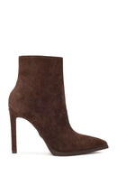 Woman Brown Zip Closure High Thin Heeled Suede Boots | Derimod