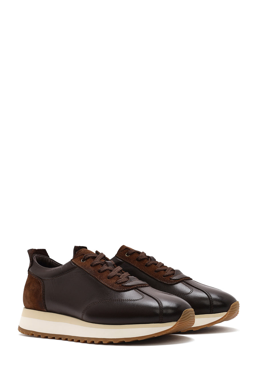 Men's Brown Lace-up Thick-Sole Leather Sneaker