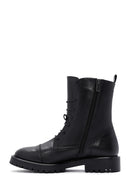 Women's Black Lace-Up Zipper Detailed Leather Combat Boots | Derimod