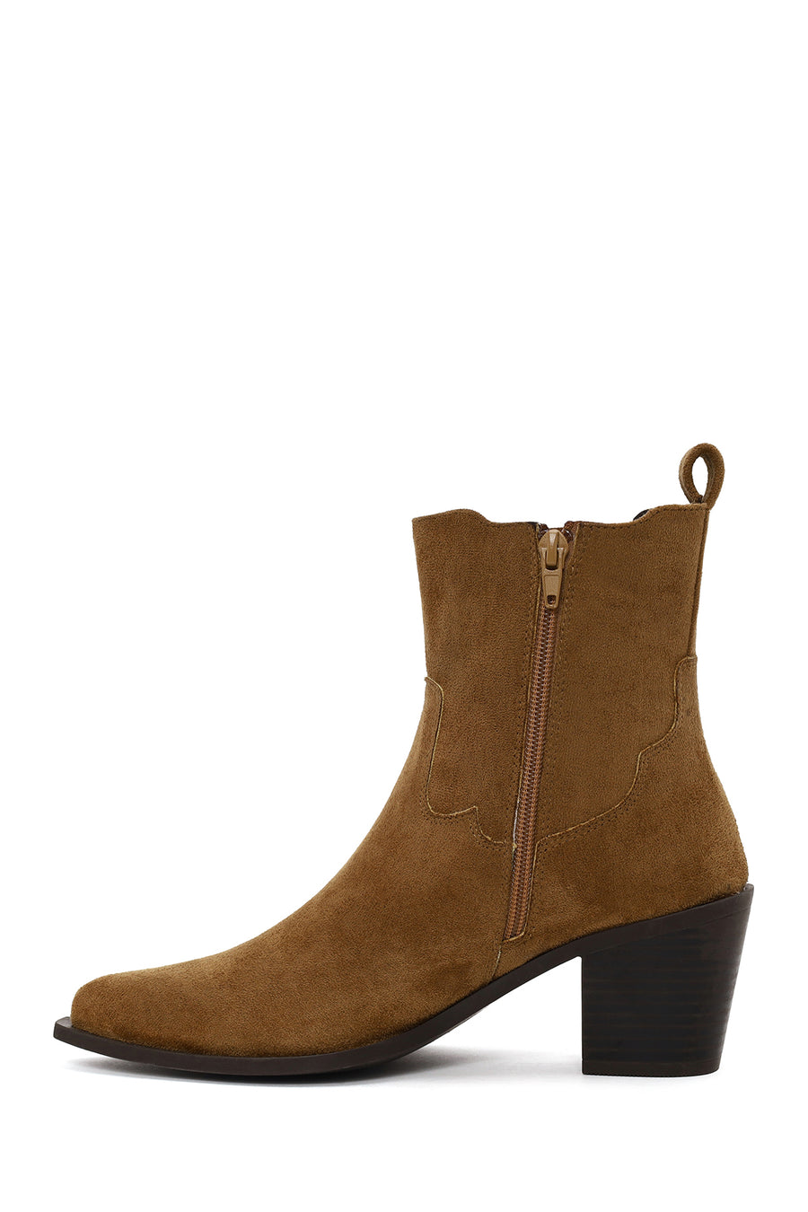 Woman Tan Zip Closure Chunky Heeled Suede Boots