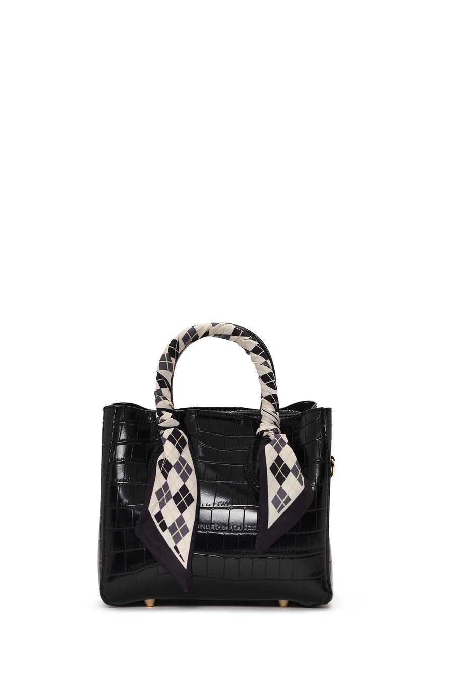 Woman Black Long-Strap Croc-Pattern Mini Shoulder Bag