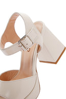 Women's Beige Patent Leather Thick Heeled Sandals | Derimod