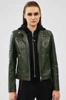 Zoom Women's Khaki Hooded Short Leather Jacket | Derimod