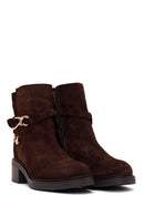 Woman Brown Zip Closure Thick-Heeled Suede Boots Casual Boots | Derimod