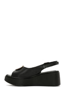 Women's Black Wedge Heeled Leather Sandals with Ankle Strap | Derimod