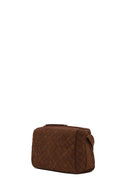 Woman Brown Long-Strap Woven Suede Crossbody Bag | Derimod