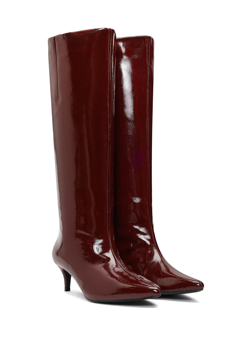 Woman Burgundy Short Thin-Heeled Patent Leather Boots