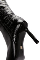 Women's Black Crocodile Patterned Thin Heeled Leather Boots | Derimod