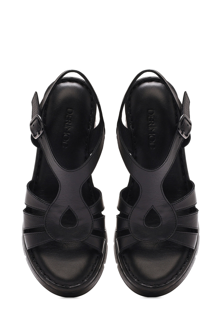 Women's Black Ankle Strap Wedge Heeled Leather Comfort Sandals
