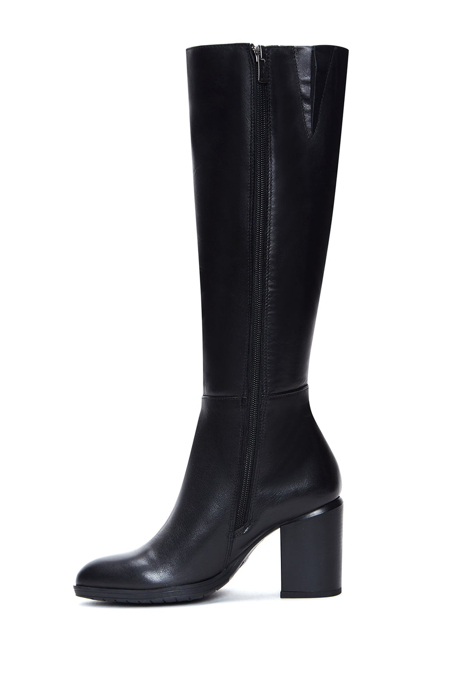 Women's Black Zippered Thick Heel Leather Boots