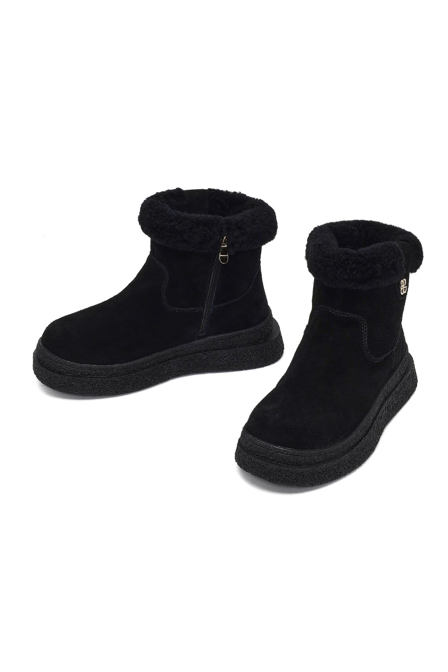 Woman Black Zip Closure Thick-Soled Suede Teddy Boots
