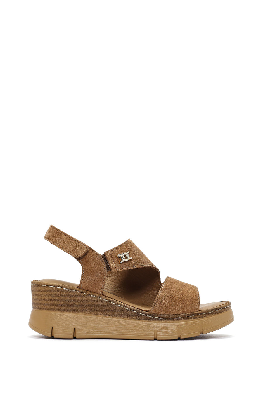 Women's Tan Suede Leather Wedge Heeled Ankle Buckle Comfort Sandals 25SFD342010 | Derimod