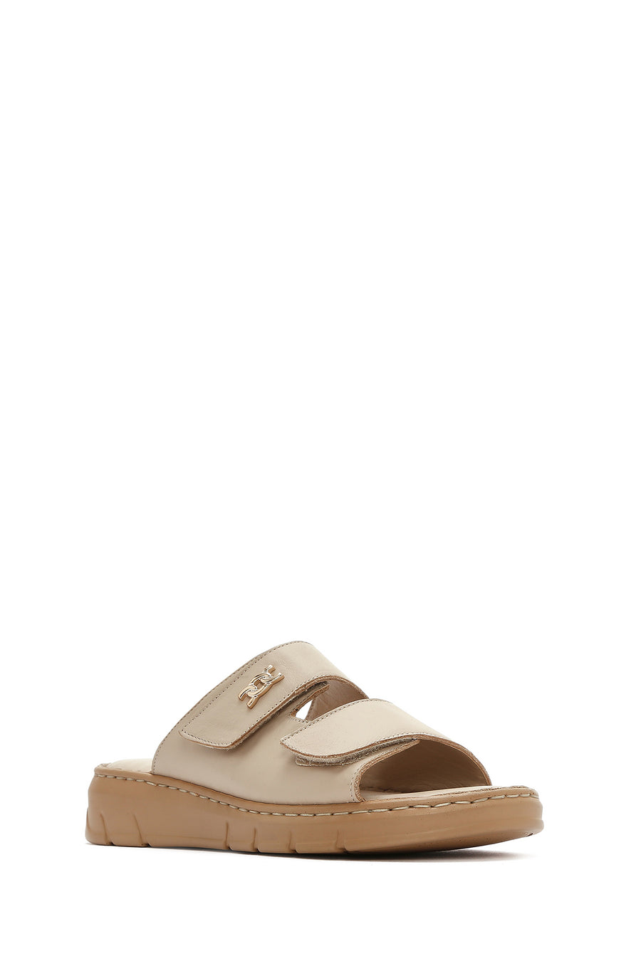 Women's Beige Double-Strap Leather Comfort Slippers