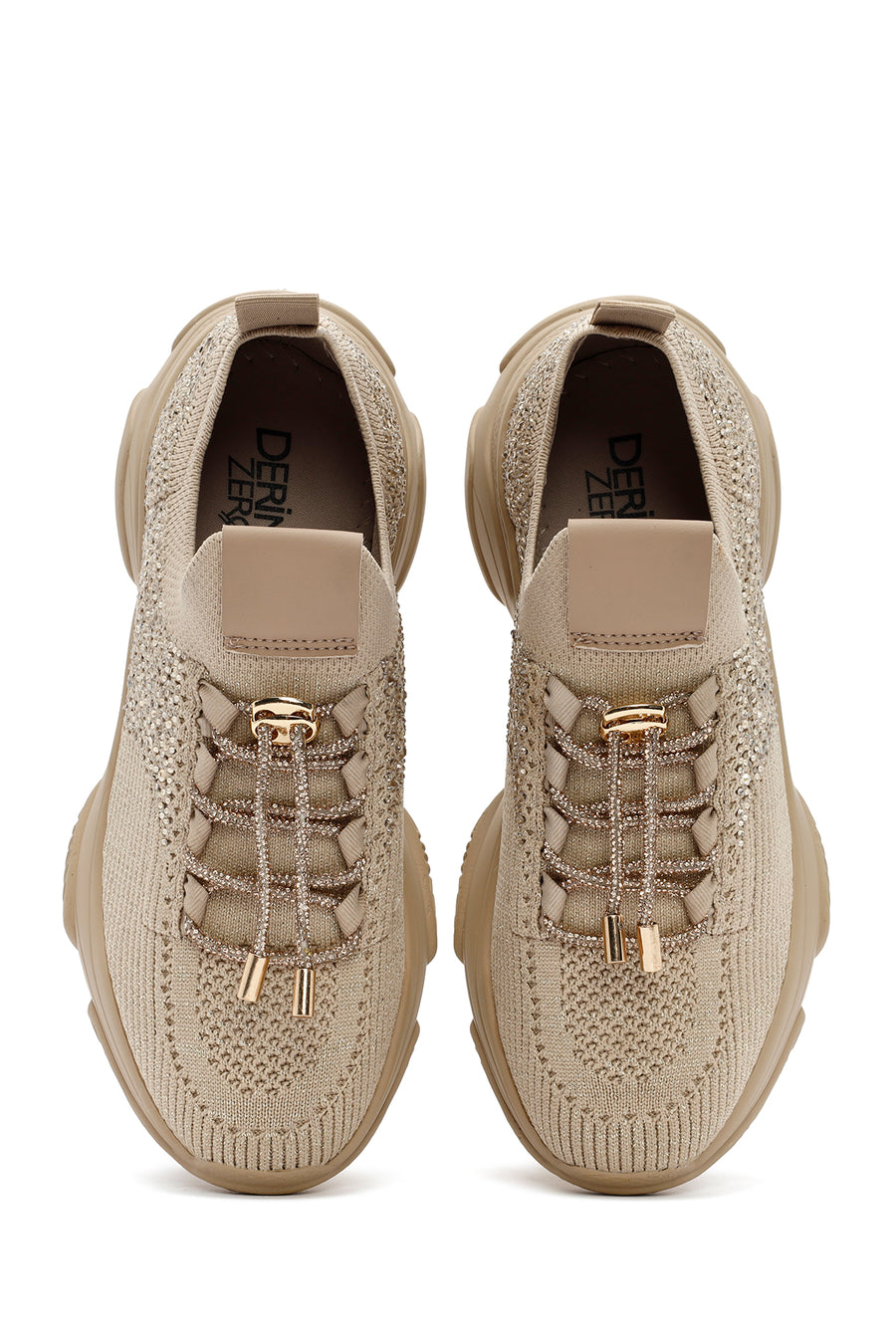 Derimod Zero Woman Beige Lace-Up Stone-Detail Fabric Sneaker