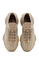 Derimod Zero Women's Beige Laced Stone Detailed Fabric Sneakers | Derimod