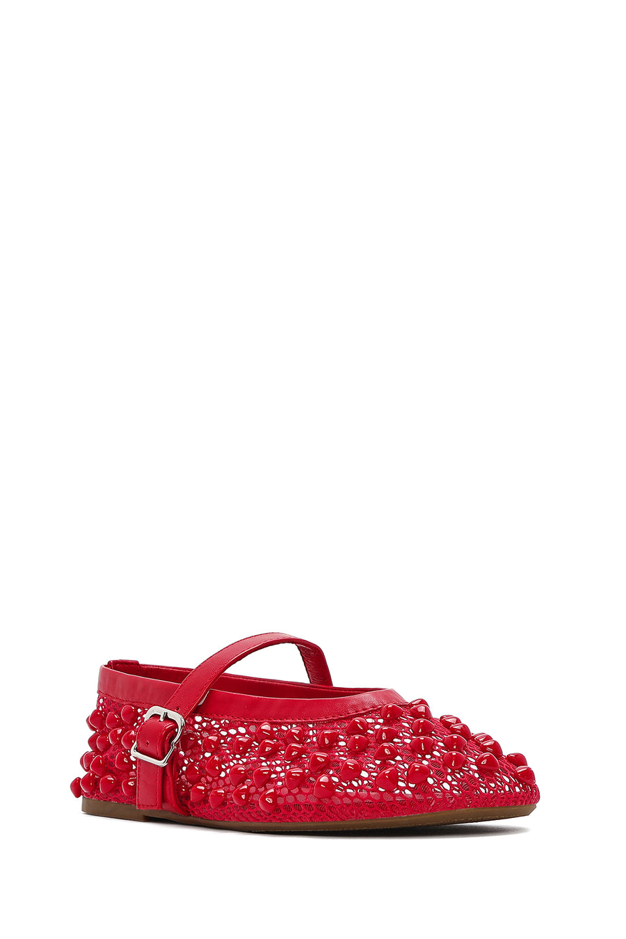Women's Red Buckled Stoned Fishnet Ballerinas