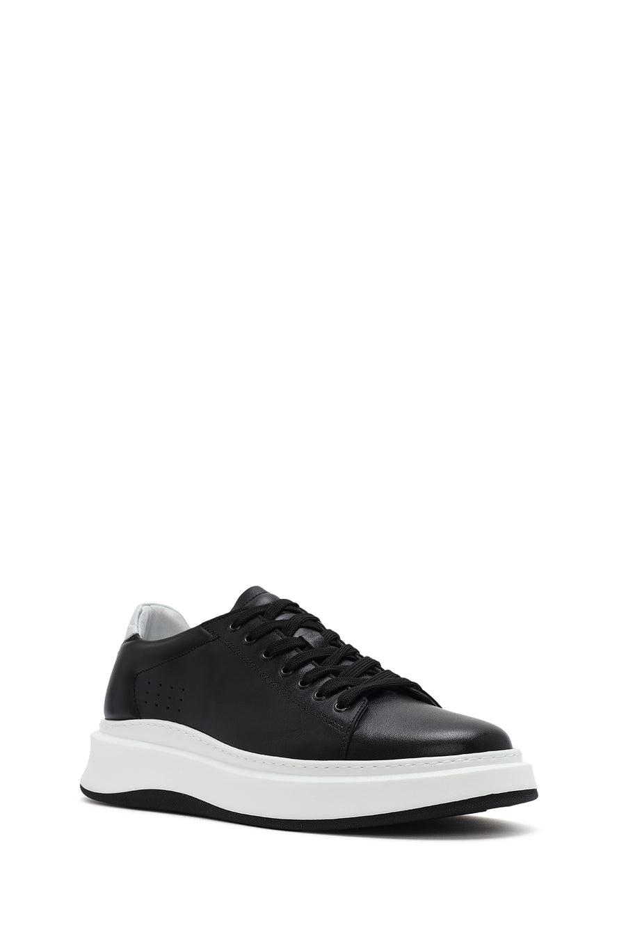Erkek Siyah Bağcıklı Kalın Tabanlı Deri Sneaker