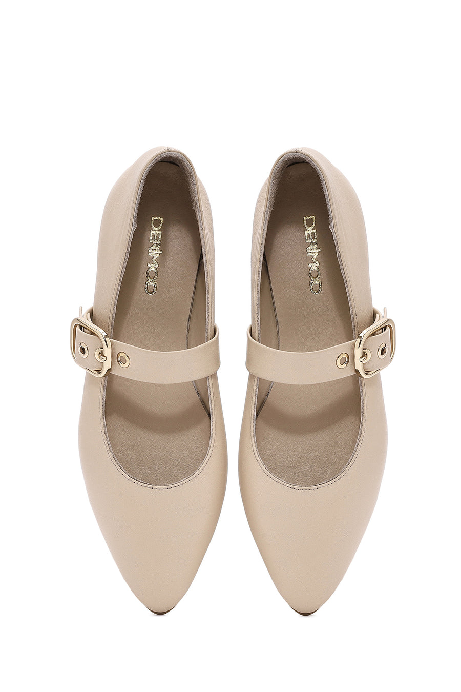 Women's Beige Buckled Leather Ballerinas
