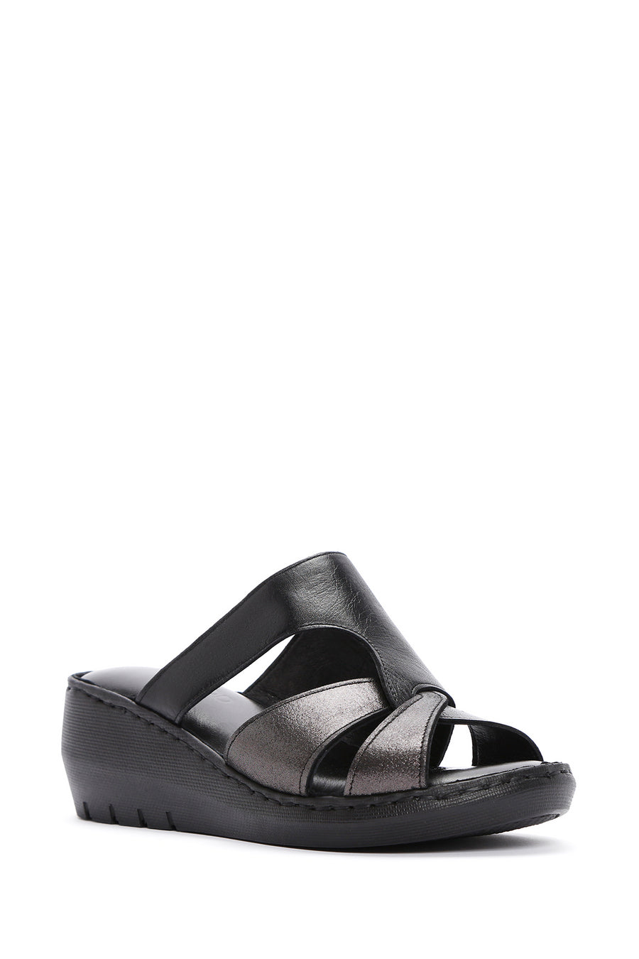 Women's Black Wedge Heeled Leather Comfort Slippers