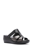 Women's Black Wedge Heeled Leather Comfort Slippers | Derimod