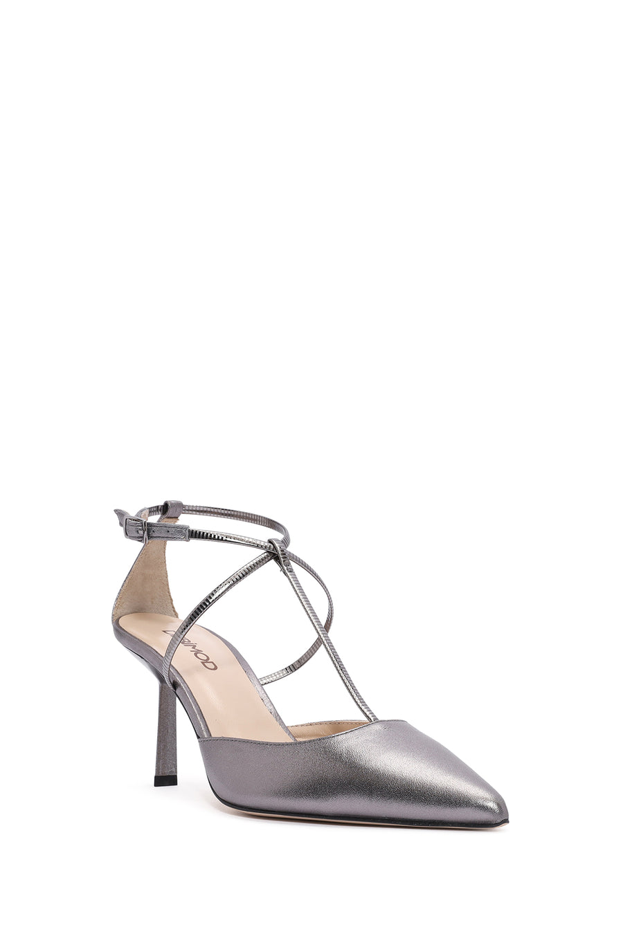 Women's Grey Ankle Strap Thin Heel Metallic Leather Shoes