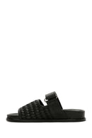 Women's Black Knit Leather Slippers | Derimod