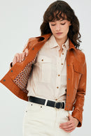 Emma Tile Women's Short Leather Jacket | Derimod