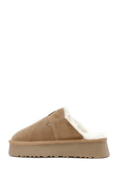 Women's Camel Thick-Soled Fur Detailed Suede Leather Slippers | Derimod