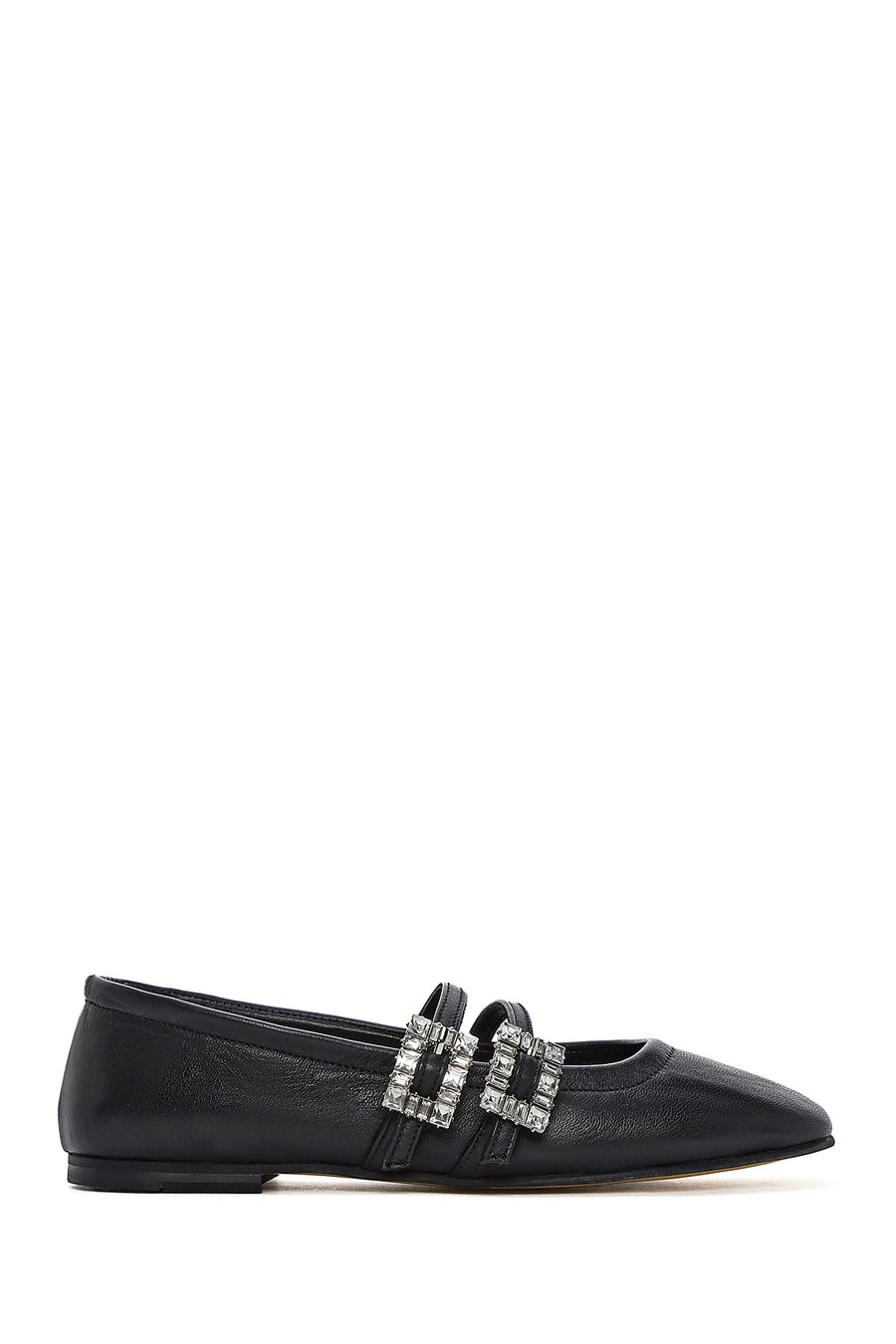 Women's Black Double Buckled Stoned Leather Ballerinas 26PFD140518 | Derimod