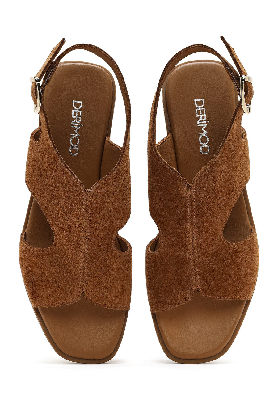 Women's Tan Suede Leather Wedge Heeled Sandals with Ankle Buckle