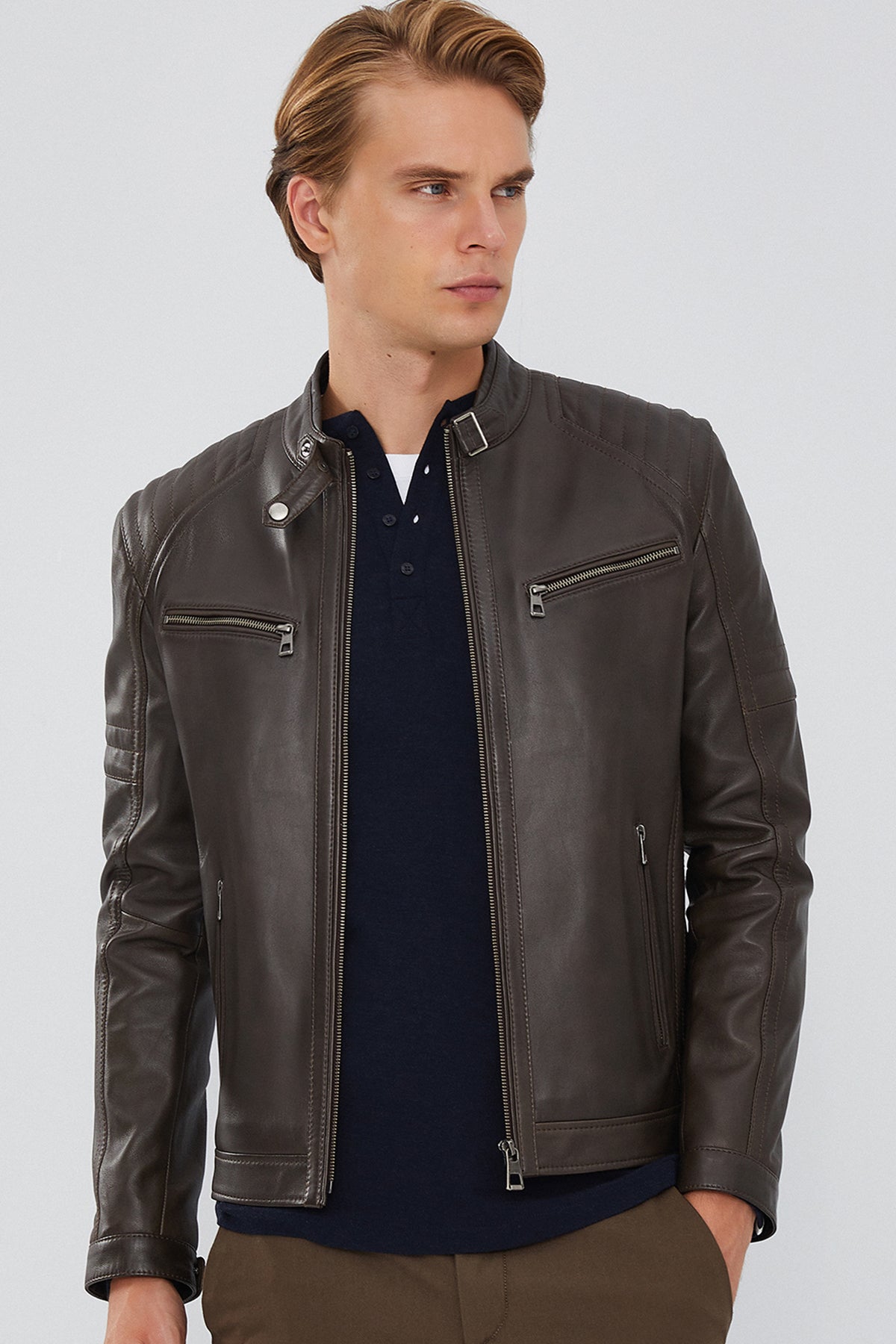 Paul Men's Mink Sports Leather Jacket 23WGE650347 | Derimod