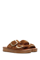 Women's Brown Buckle Suede Leather Slippers | Derimod