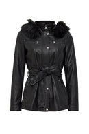 Rebecca Women's Black Fur Collar Leather Coat | Derimod