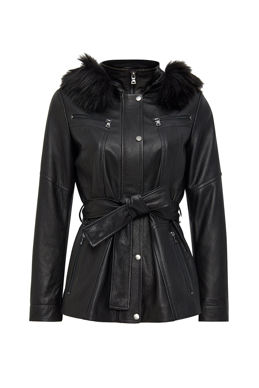 Rebecca Women's Black Fur Collar Leather Coat 24WGE52092H | Derimod
