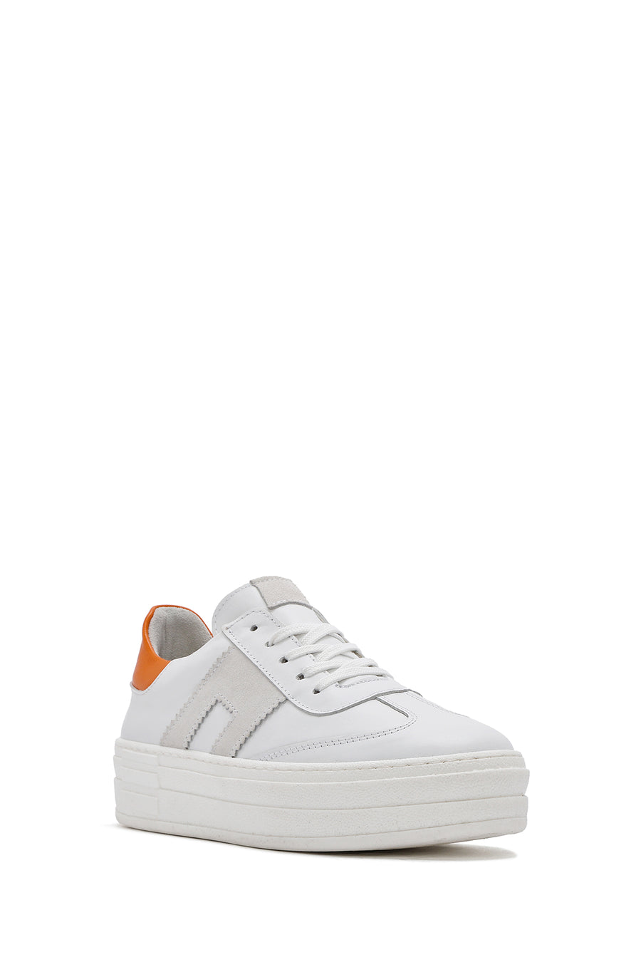 Women's White Lace-up Thick-Sole Leather Sneaker