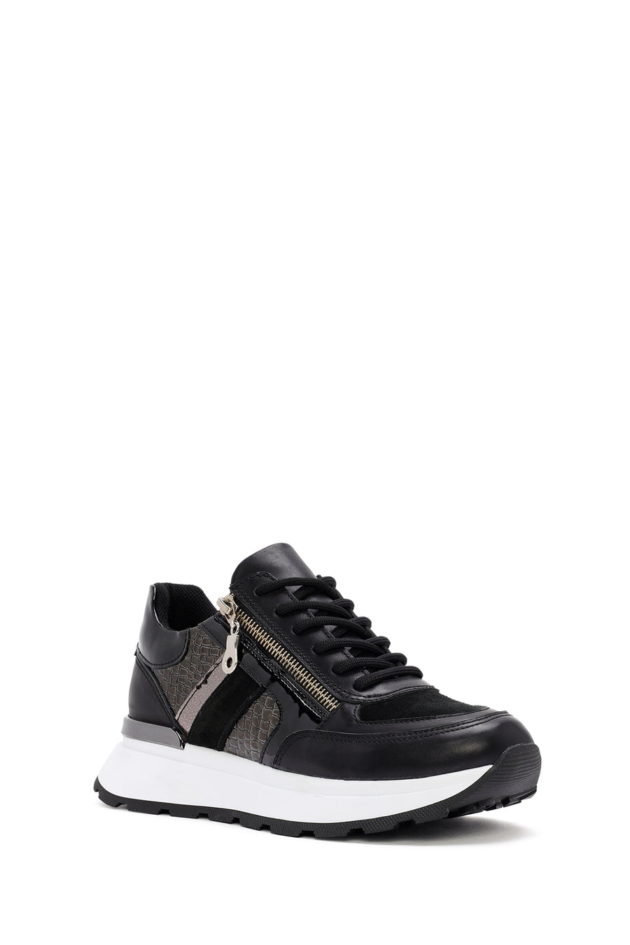 Kadın Siyah Kalın Tabanlı Fermuarlı Deri Sneaker