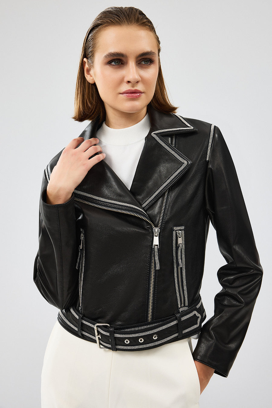 Lady Women's Black Short Leather Jacket
