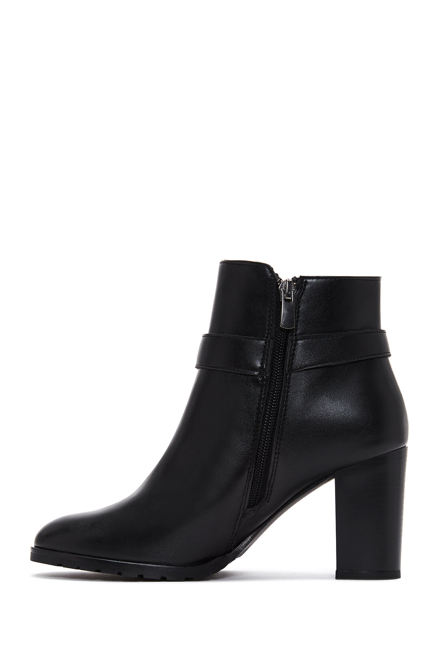 Women's Black Zippered Buckle Heeled Boots