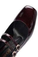 Women's Burgundy Double Buckled Thick Heeled Patent Leather Mary Jane Shoes | Derimod