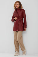 Whitney Women's Burgundy Long Leather Jacket | Derimod